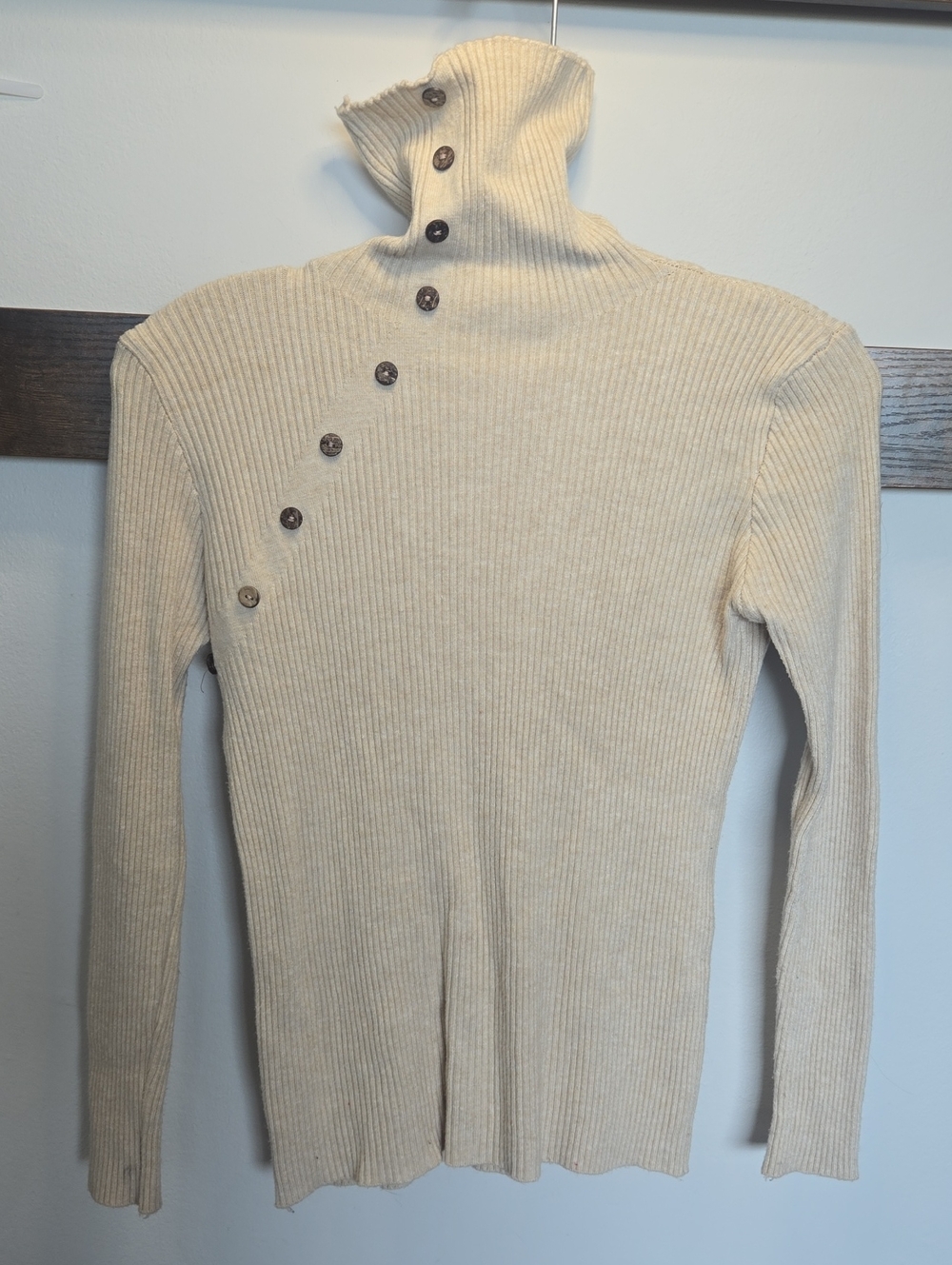 Ribbed Button-Accent Turtleneck Sweater in Cream